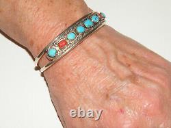 Vintage Navajo RMJ Sterling Silver TURQUOISE CORAL CUFF BRACELET Robert Johnson