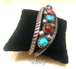 Vintage Navajo Richard Yazzie Turquoise Coral Carnelian Sterling Silver Bracelet