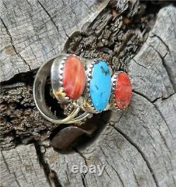 Vintage Navajo Ring Turquoise Apple Coral Silver Native American Jewelry sz 6.5