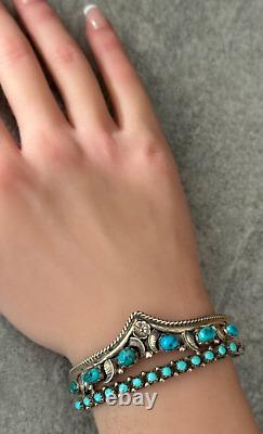 Vintage Navajo SLEEPING BEAUTY Turquoise BLOSSOM Sterling Silver Bracelet SIGNED