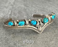 Vintage Navajo SLEEPING BEAUTY Turquoise BLOSSOM Sterling Silver Bracelet SIGNED