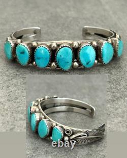 Vintage Navajo SLEEPING BEAUTY Turquoise ROW Sterling Silver Bracelet 6.75 in