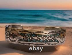 Vintage Navajo SS Turquoise & Coral Chip Inlay Cuff Bracelet, Stamped
