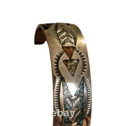 Vintage Navajo SS Turquoise & Coral Chip Inlay Cuff Bracelet, Stamped