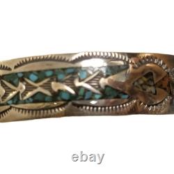 Vintage Navajo SS Turquoise & Coral Chip Inlay Cuff Bracelet, Stamped