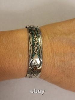 Vintage Navajo SS Turquoise & Coral Chip Inlay Cuff Bracelet, Stamped
