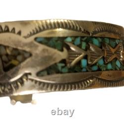 Vintage Navajo SS Turquoise & Coral Chip Inlay Cuff Bracelet, Stamped
