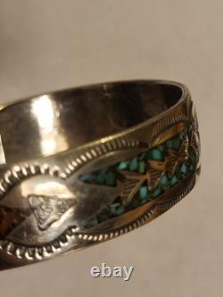 Vintage Navajo SS Turquoise & Coral Chip Inlay Cuff Bracelet, Stamped