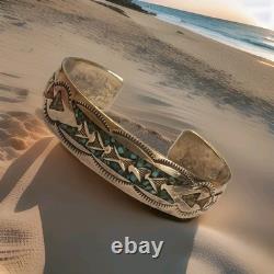 Vintage Navajo SS Turquoise & Coral Chip Inlay Cuff Bracelet, Stamped