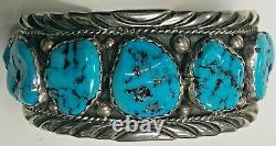 Vintage Navajo Signed E. SPENCER Sterling Silver &H Quality Turquoise Cuff Bangle