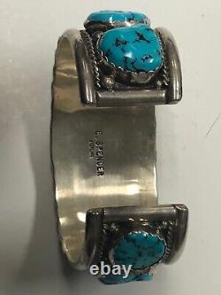 Vintage Navajo Signed E. SPENCER Sterling Silver &H Quality Turquoise Cuff Bangle
