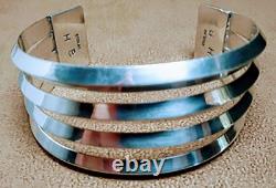 Vintage Navajo Signed H B Sterling Silver 4 Knife Edge Band Wide Cuff Bracelet