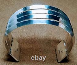Vintage Navajo Signed H B Sterling Silver 4 Knife Edge Band Wide Cuff Bracelet
