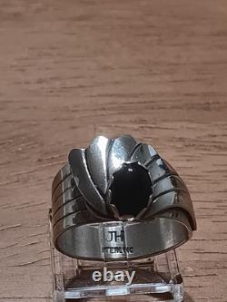 Vintage Navajo Signed JH Sterling Silver Black Onyx Fan Statement Ring Sz 10