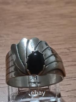 Vintage Navajo Signed JH Sterling Silver Black Onyx Fan Statement Ring Sz 10