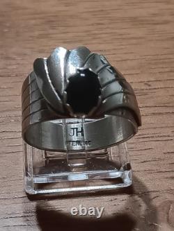 Vintage Navajo Signed JH Sterling Silver Black Onyx Fan Statement Ring Sz 10
