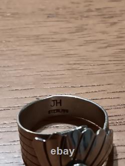 Vintage Navajo Signed JH Sterling Silver Black Onyx Fan Statement Ring Sz 10