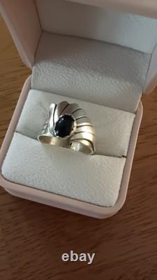 Vintage Navajo Signed JH Sterling Silver Black Onyx Fan Statement Ring Sz 10