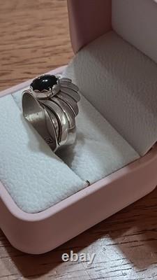 Vintage Navajo Signed JH Sterling Silver Black Onyx Fan Statement Ring Sz 10