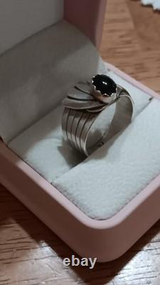 Vintage Navajo Signed JH Sterling Silver Black Onyx Fan Statement Ring Sz 10