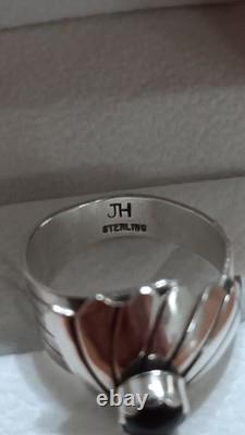 Vintage Navajo Signed JH Sterling Silver Black Onyx Fan Statement Ring Sz 10