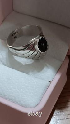 Vintage Navajo Signed JH Sterling Silver Black Onyx Fan Statement Ring Sz 10