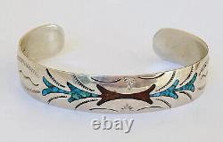Vintage Navajo Signed Jl Sterling Silver Turquoise Coral Inlay Cuff Bracelet
