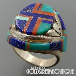Vintage Navajo Signed Sterling Silver Gemstone Mosaic Inlay Geometric Ring 7.5