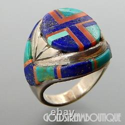 Vintage Navajo Signed Sterling Silver Gemstone Mosaic Inlay Geometric Ring 7.5