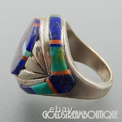 Vintage Navajo Signed Sterling Silver Gemstone Mosaic Inlay Geometric Ring 7.5