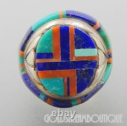 Vintage Navajo Signed Sterling Silver Gemstone Mosaic Inlay Geometric Ring 7.5