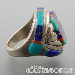 Vintage Navajo Signed Sterling Silver Gemstone Mosaic Inlay Geometric Ring 7.5