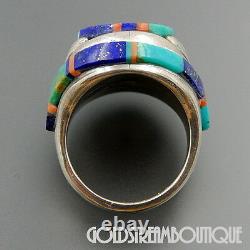 Vintage Navajo Signed Sterling Silver Gemstone Mosaic Inlay Geometric Ring 7.5