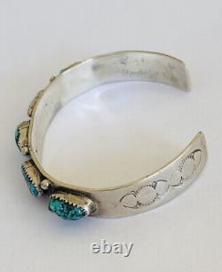 Vintage Navajo Signed Sterling Silver Turquoise Hand Stamped Cuff Bracelet