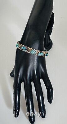 Vintage Navajo Signed Sterling Silver Turquoise Hand Stamped Cuff Bracelet