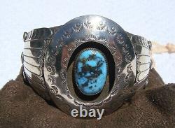 Vintage Navajo Silver Shadow Box Cuff Bracelet with Turquoise Stone