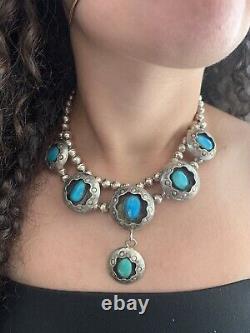 Vintage Navajo Silver Shadow Box Necklace with Turquoise Stones & Silver Pearls