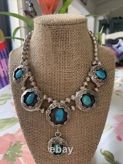 Vintage Navajo Silver Shadow Box Necklace with Turquoise Stones & Silver Pearls