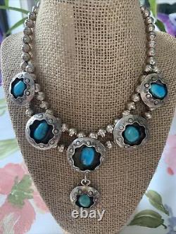 Vintage Navajo Silver Shadow Box Necklace with Turquoise Stones & Silver Pearls