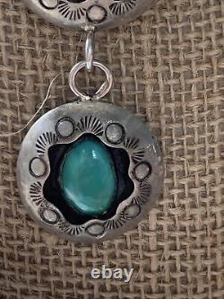 Vintage Navajo Silver Shadow Box Necklace with Turquoise Stones & Silver Pearls