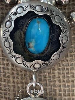 Vintage Navajo Silver Shadow Box Necklace with Turquoise Stones & Silver Pearls