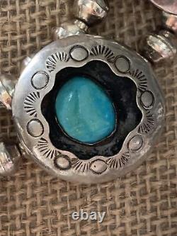 Vintage Navajo Silver Shadow Box Necklace with Turquoise Stones & Silver Pearls