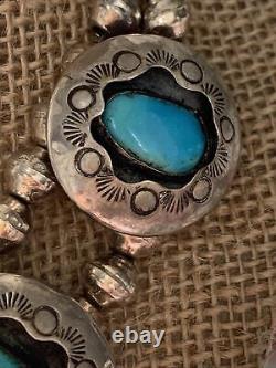 Vintage Navajo Silver Shadow Box Necklace with Turquoise Stones & Silver Pearls