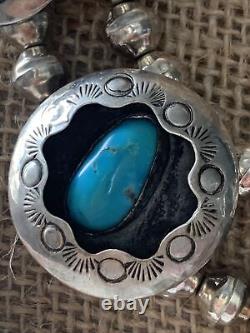 Vintage Navajo Silver Shadow Box Necklace with Turquoise Stones & Silver Pearls