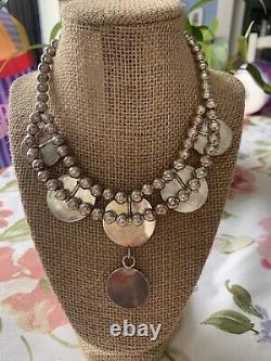 Vintage Navajo Silver Shadow Box Necklace with Turquoise Stones & Silver Pearls