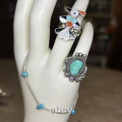 Vintage Navajo Silver & Turquoise Jewelry Lot Two Size 5 Rings & One Bracelet