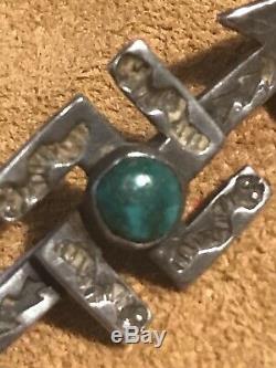 Vintage Navajo Silver Whirling Log Arrow Pin Smooth Bezel Turquoise