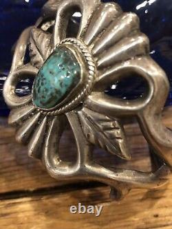 Vintage Navajo Southwest Solid Silver Sand Cast Turquoise Cuff Bracelet