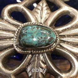 Vintage Navajo Southwest Solid Silver Sand Cast Turquoise Cuff Bracelet