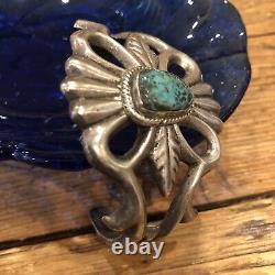 Vintage Navajo Southwest Solid Silver Sand Cast Turquoise Cuff Bracelet